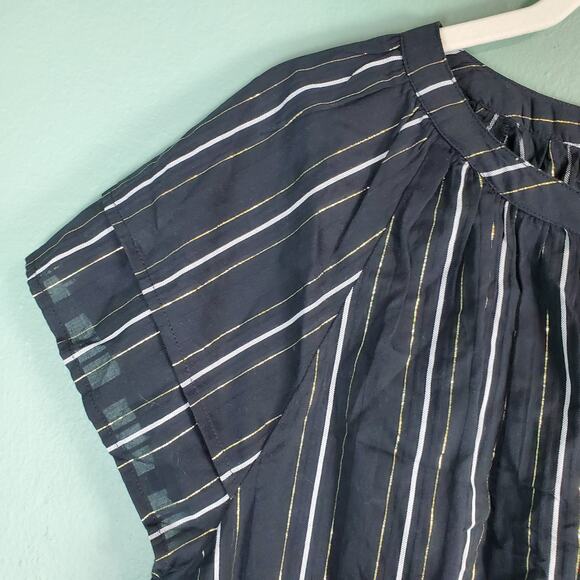 Ann Taylor Black Metallic Stripe Flutter Sleeve Tie Neck Blouse Size XL - Picture 4 of 6